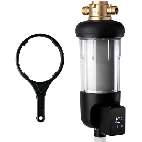 iSpring WSP50ARJ, NSF Certified, Spin-Down Sediment Water Filter, Upgraded Jumbo Size, Large Capacity, Reusable with Touch-Screen Auto Flushing Module, Brass Top Clear Housing, 50 Microns Cover