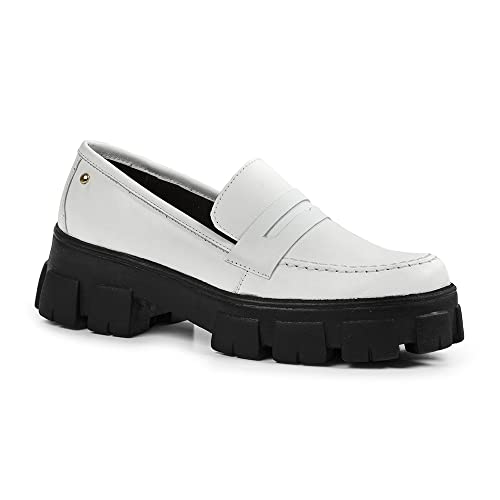 Sapato Feminino Mocassim Tratorado Em Couro (35, Off White)