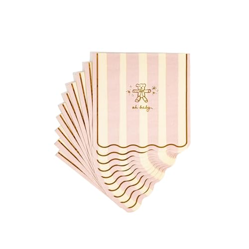 Baby Shower Scalloped Pink/White Stripe Cocktail Napkins 5inch 40pcs