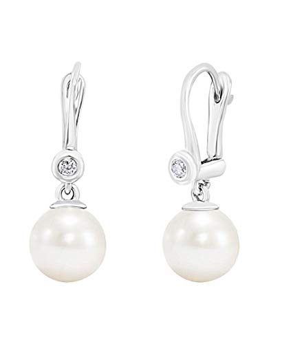 14K White Gold Aaaa 8-8.5Mm Natural Pink & White Round Cultured Freshwater Pearl & 0.06Ctw Diamond Accented 7/8" Leverback Drop Earrings (G-H Color, Si2-I1 Clarity) (White) #TOP3