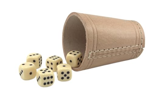 KENDi GAMES Qualitäts Würfelbecher - echt Leder - Höhe 9 cm - Durchmesser 7cm - Set mit 6 elfenbeinfarbigen Würfeln und Kurzanleitung - Play: TOOSMASTER