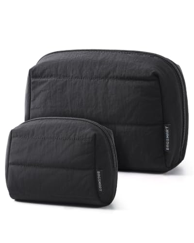 Image of BAGSMART Puffy Padded Travel Makeup Bag Duo Large & Small for Women, Black | Puffy Padded, Travel Cosmetic Organizer Set, Large Toiletry Bag & Small Purse Pouch, Travel Essentials
