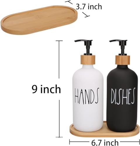 Image of Soap Dispenser for Kitchen Handwash Dispenser Dish Wash Dispenser Liquid Soap Dispenser for Kitchen Sink Dishwash and Hand Wash Liquid Dispensers Pump with Bamboo Tray, Glass, 17 Ounces