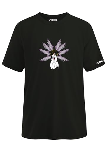 Image of Yume Men's Oversized Aizen Sosuke Anime Printed T-Shirt | 240 GSM Cotton Crew Neck Tee | Lavender & Black Beige Dual-Tone | Bleach Villain Merch | Long Length Drop Shoulder Streetwear (Black)
