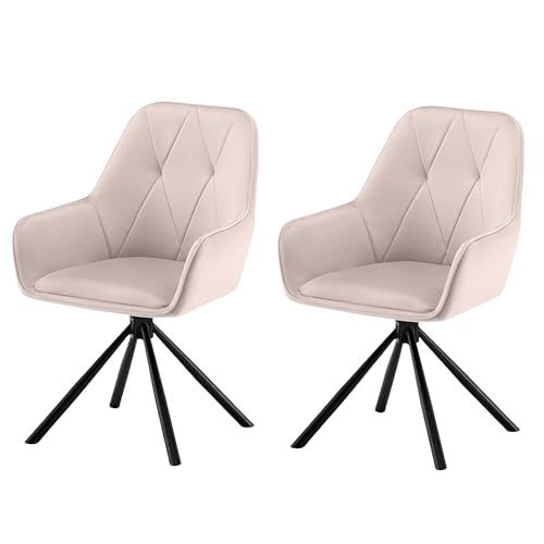Garvis 2er Set Samt Esszimmerstuhl Drehbar mit Armlehne Drehbar gepolsterte Sitzfläche Metall Beine für Küche Esszimmer Schlafzimmer (Creme)