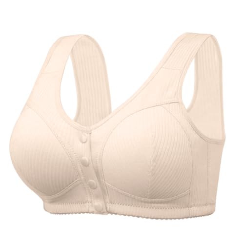 Ribbed Bras for Women Front Closure No Underwire Comfort Senior Wireless Snap Closing Bra Apricot 44C