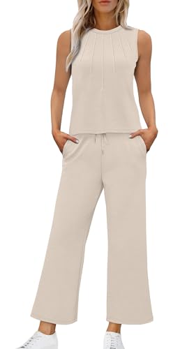 Image of WIHOLL Two Piece Sets for Women Summer Vacation Travel Outfits Pleated Tank Top Wide Leg Crop Pants Matching Lounge Sets