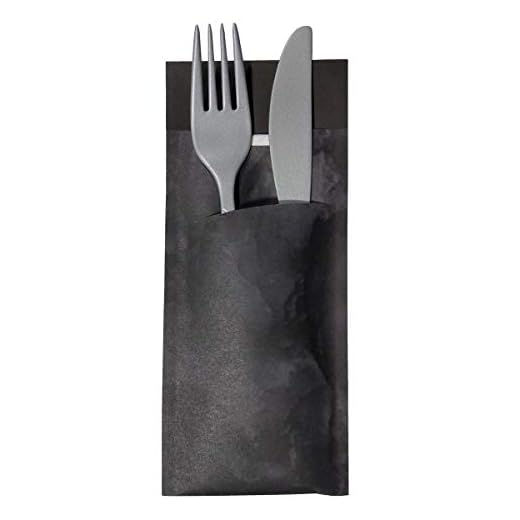 520 Bestecktaschen mit Serviette schwarz marmoriert 20 cm