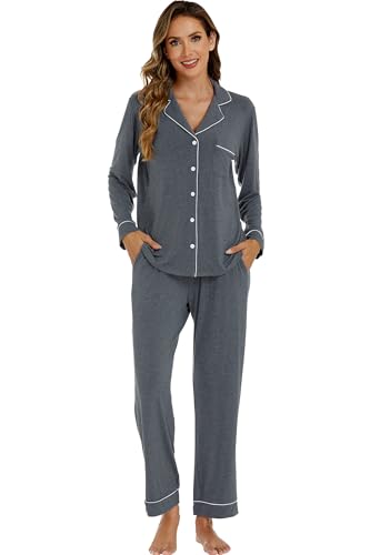 Image of LUBOT Womens Bamboo Viscose Pajamas for Women 2 Piece PJ Set Ultra Buttery Soft Cooling Button Long Sleeve Sleepwear S-XXL