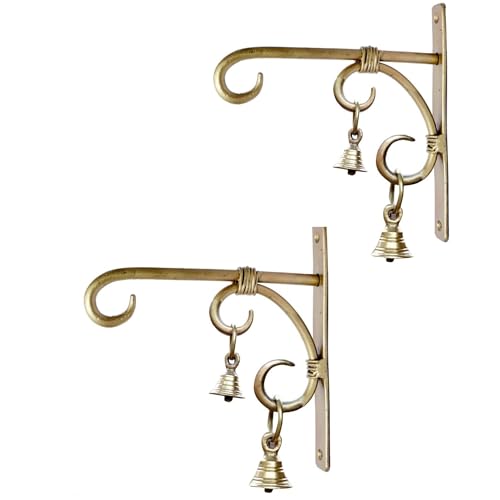 Image of Antique Brass Finish Wall Bracket with Bells for Hanging Bell /Wind Chimes /Brass Wall Lantern Diya Hanger Planter Hangers, Lanterns /Diya Hanger-Pack of 2