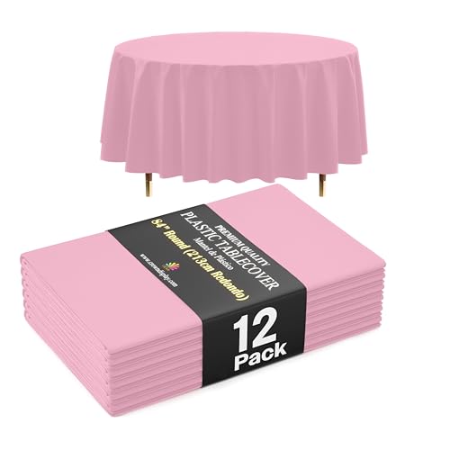 Image of Exquisite 66% Thicker Premium Pink Round Tablecloth 0.5 Mil 12 Pack Plastic Table Cloth Disposable 84 Inch Round Plastic Tablecloth Won't Tear Easily Like Cheap Thin Brands