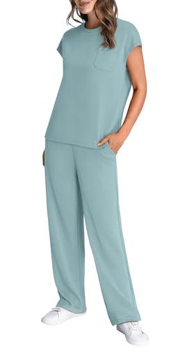 Image of WIHOLL 2 Piece Sets for Women Casual Summer Travel Vacation Outfits Cap Sleeve Lounge Set