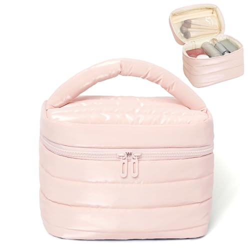 Prite Kosmetiktasche Tragbare Kulturtasche Damen Steppgepolsterte Make Up Tasche Leicht Reise Kulturbeutel (Rosa)