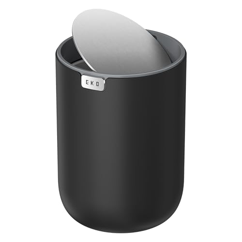 Image of EKO Fandy 0.58 Gal /2.2L Mini Trash Can with Lid, Swing-Top Desktop Trash Can for Bathroom, Countertop, Vanity, Desk or Office, Small Garbage Bin (Black)