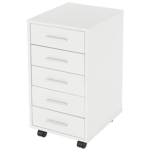 ML Design Archivador para Oficina con 5 Cajones 33x38x63,5 cm Blanco Cómoda Hecha de Madera Revestida de Resina de Melamina Mueble Móvil Gabinete Moderno con Ruedas para Despacho