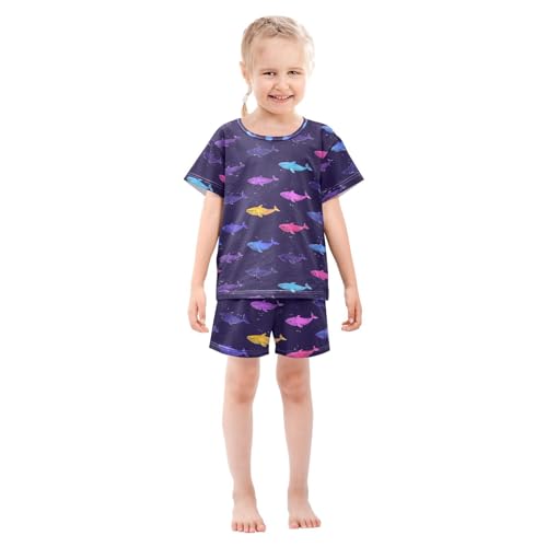 ALAZA Rainbow Shark Whale Blue Pajamas Set Short Sleeve Cotton Sleepwear Summer Pjs 2 Piece 5-14Y3