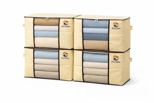 Peisma | Cajas de Almacenaje Ropa Grande 90L (Pack de 4) | Organizador Armario 60×40×35 cm con Ventana y Cremallera | Bolsas Canapé para Mantas, Sábanas, Ropa de Temporada