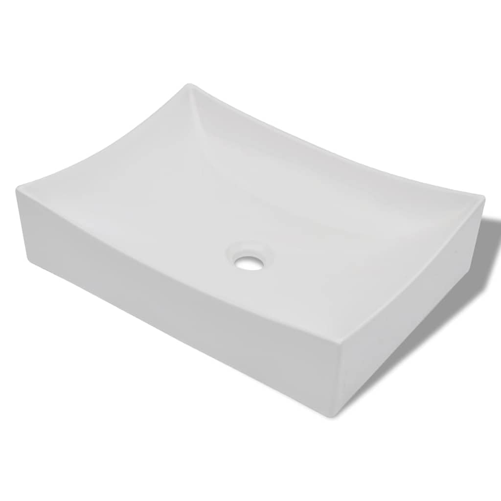 Błyszcząca biała umywalka ceramiczna do montażu na górze | Nowoczesny design, skośne ściany boczne, płaskie dno, odporne na zarysowania, łatwe do czyszczenia