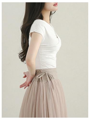 OYOANGLE Women's Asymmetrical Neck Short Sleeve T-Shirts Ruched Tight Shirts3