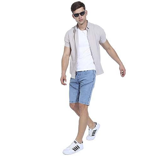 Image of CAHOOT Men's Side-Striped Denim Shorts for Casual Wear | Dark-Wash | Regular Fit | Button Closure | Denim Shorts Crafted with Comfort Fit for Everyday Wear