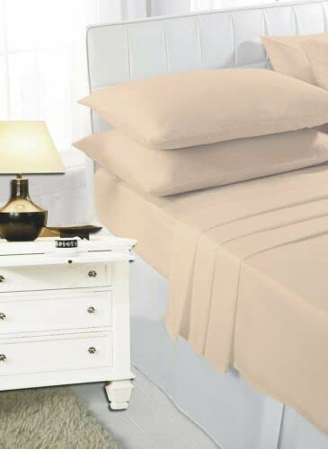 Extra Deep Fitted Sheet 16-Inch (40cm) Depth with Two Pillowcases Soft Fabric Wrinkle-Resistant Poly-Cotton Bed Sheets - Available in 22 Colors (LATTE SK + PP)