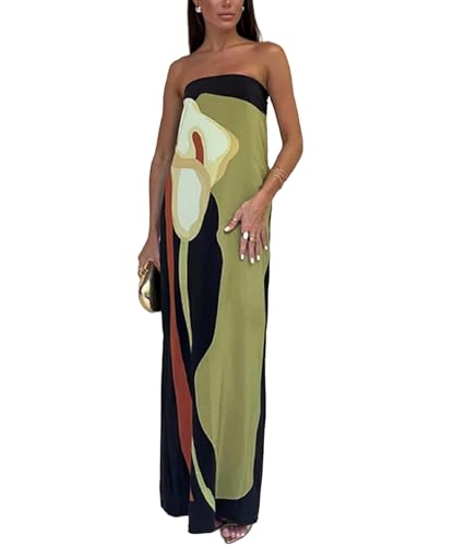 Faretumiya Women Strapless Maxi Dress Boho Floral Print Flowy Long Tube Dress Off Shoulder Loose Beach Sundress(Lily Green,Small)