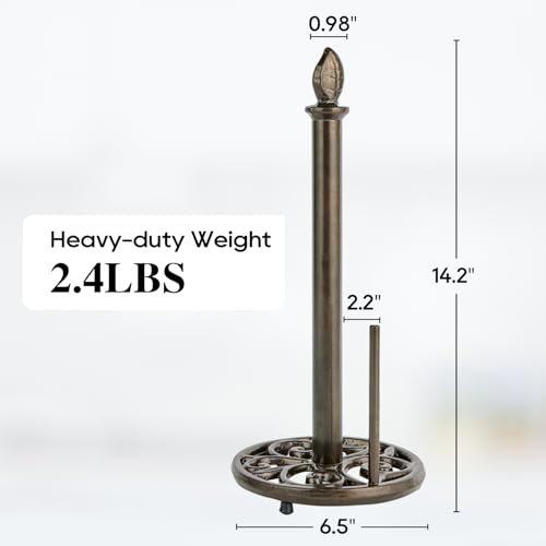 JOGREFUL Paper Towel Holder Stand, Cast Iron Kitchen Paper Towel Countertop Vintage Stand with Weighted-Base, Bathroom Organization for Family Standard Large Size Roll Paper, Leaf Top, Coffee Gold