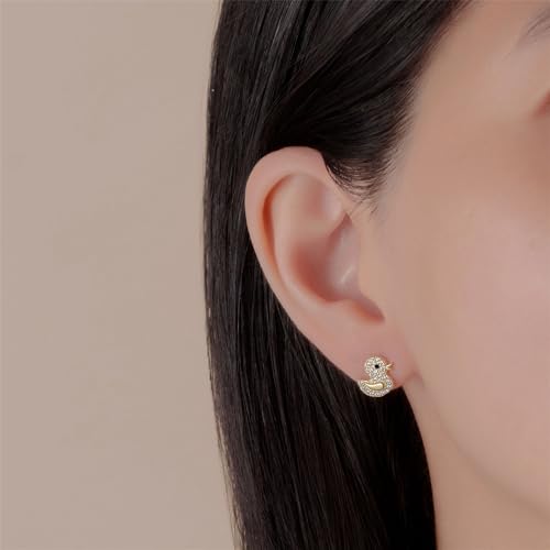 Cute CZ Duck 925 Sterling Silver Small Stud Earrings for Women Cartilage Sensitive Ear Dainty Gold Plated Yellow Animal Studs Hypoallergenic Fashion Jewelry Birthday Christmas Gift Daugther Bff4