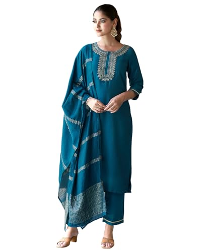 Image of SIRIL Women's Cotton Blend Embroidery Straight Kurta Pant with Dupatta Set
