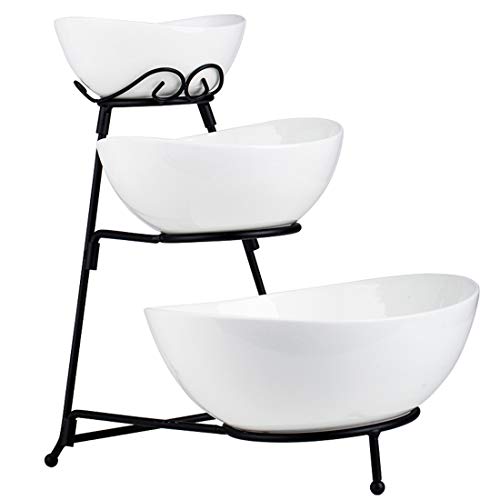 3 Tier Oval Bowls with Metal Rack,Food Server Display Stand, Three Serving porcelain Bowls set,Dessert Appetizer Snack Server