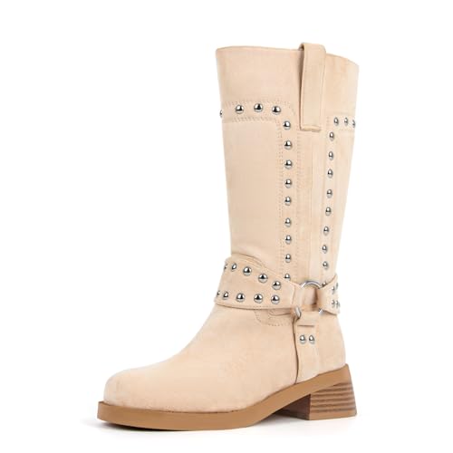 Richealnana Women's Motorcycle Boots Studded Faux Suede Biker Riding Chunky Heel Round Toe Moto Boots2