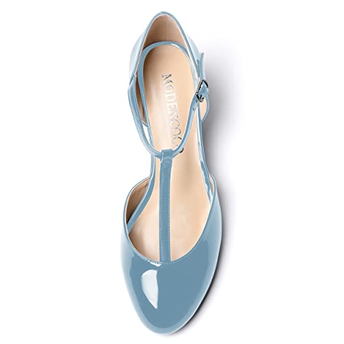 MODENCOCO Women's Dating T Strap Buckle Round Toe Fashion Patent Wedge Low Heel Pumps Shoes 2 Inch3