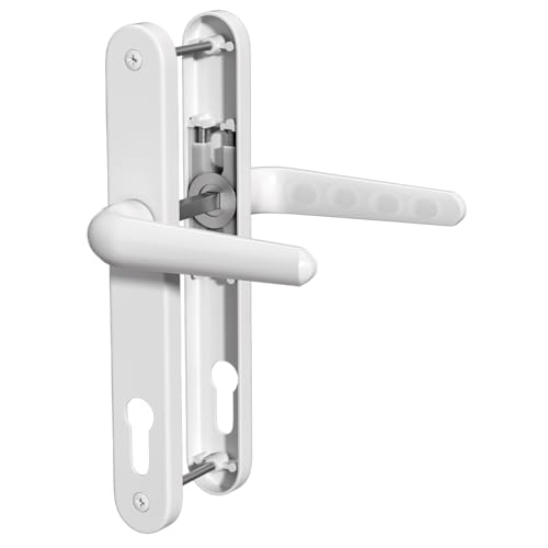 Bwintech 1 Set White UPVC Door Handle Set, 92mm Backset, 210mm Screw Hole Distance, 243mm Plate Length Front Door Handles for UPVC Door