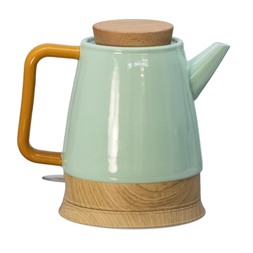 Bouilloire électrique en céramique 1,5 l menthe/bois - Avec couvercle en bois véritable - Socle rotatif à 360° - Indicateur d'alimentation LED - Sans BPA -...