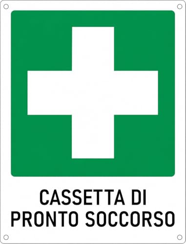 AIESI® Cartello Segnaletico “Cassetta di Pronto Soccorso” in alluminio 16x21 cm con fori per fissaggio a parete