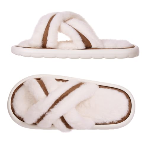 Harssidanzar Womens Fuzzy Cross Band Slippers Memory Foam House Slippers Open Toe HL207US2