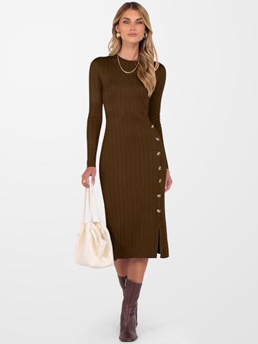 ANRABESS Womens 2025 Fall Long Sleeve Midi Dress Ribbed Knit Bodycon Fitted Button Down Wedding Guest Slit Sweater Dresses