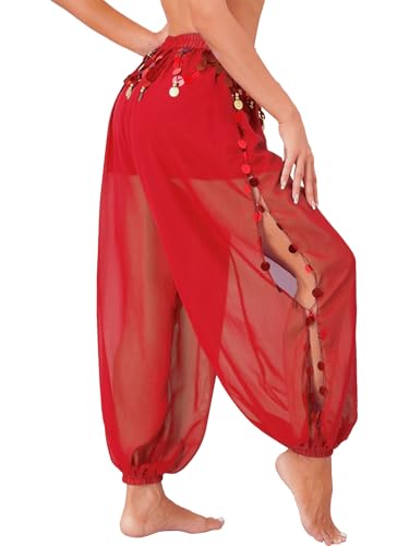 RUNQHUI Womens Sequin Belly Dance Pants Arabic Halloween Lantern Side Split Pants Fancy Pants Trousers Red One Size