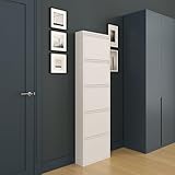 furni24 Schuhschrank Schmal – Platzsparender Metall-Schuhschrank mit Magnetklappen, Platz für 10-14 Paar Schuhe, Wandmontierbar und Vormontiert - 5 Klappen, Weiß