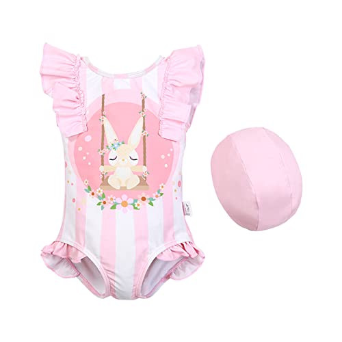 Kids Girls' Bunny Swimsuit and Hat Surf UPF 50+ Printed One Piece Ruffle Bathing Suits Summer Beach Swimwear