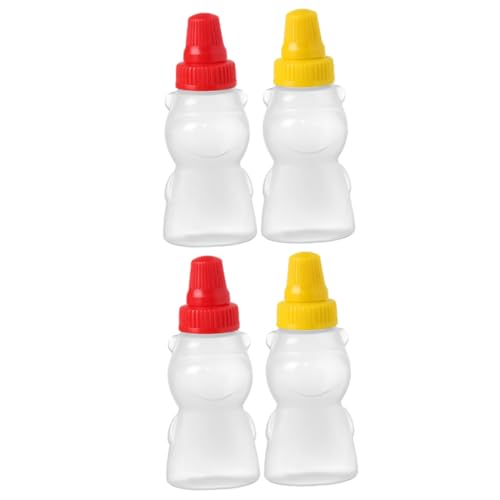 COLLBATH 4Pcs Mini Bear Shaped Condiment Squeeze Bottles for Sauces Portable Salad Dressing Holders Easy Control Mouth Containers for Dips and Dressings Random Lid Colors