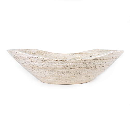 Luxurious Polished Marble Bathroom Vessel Sink, Oval Canoe Shape, 100% Natural Stone, Hand Carved, Free Matching Soap Tray (Tan Travertine) #TOP1
