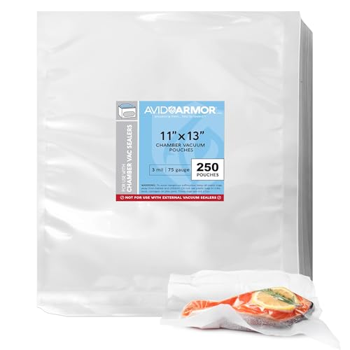 Chamber Machine Vacuum Pouches 11" x 13" Size 3MIL Pre-Cut Heavy Duty Bags 250 Pack BPA Free Sous Vide Safe - NOT COMPATIBLE WITH FOODSAVER TYPE VACUUM SEALERS - Commercial Use Grade Avid Armor