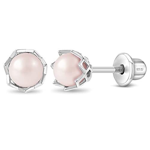 925 Sterling Silver Unique Simulated Pearl Basket Toddler Earrings with Screw Back Locking - Hypoallergenic & Safe for Babies, Toddlers, Young Girls, and Pre Teens