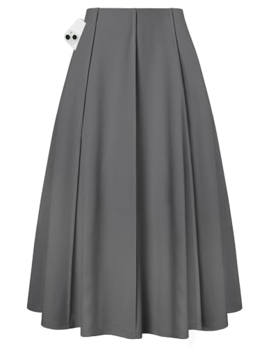 Kate Kasin Women Gray A Line Midi Skirt, High Waisted Long Skirts with Pockets, Fall Winter Casual Work Church Teacher Outfit