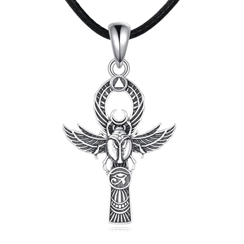 Ankh Cross Necklace 925 Sterling Silver Egyptian Pendant Necklace Ankh Eye of Horus Scarab Jewelry Gift for Men Women