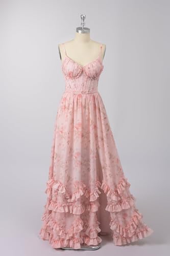 Floral Ruffle Corset Bridesmaid Dresses for Women Long Chiffon Formal Evening Party Gowns with Slit4