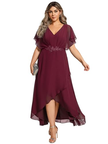 Image of Ever-Pretty Plus Women's V Neck Applique Plus Size Wedding Guest Dress Short Sleeves Maxi Formal Dresses