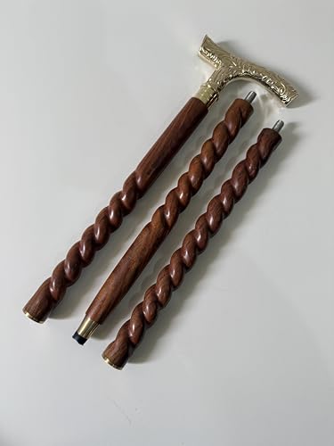 Canne en bois artisanale spirale et poignée sculptée en laiton