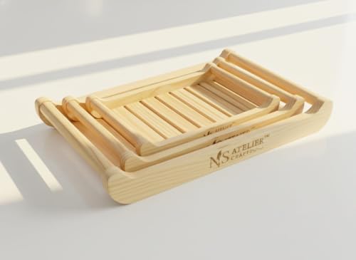 Image of Wooden Serving Tray with Handles | Solid Wood Tray for Tea, Coffee, Breakfast & Kitchen Use | Heavy Duty, Premium Finish | Set of 3 Small, Medium & Large Size Options (12x8, 15x10, 18x12 Inch)